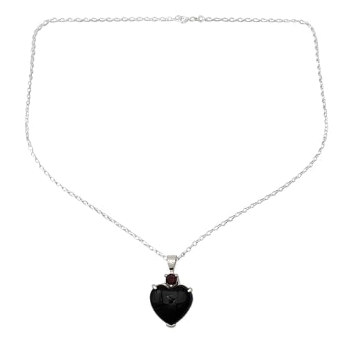 NOVICA Artisan Handmade Onyx Garnet Heart Necklace Sterling Silver Red Pendant India Birthstone [17.75 in L 1 mm W Pendant(s) 1.3 in L x 0.8 in W x 0.2 in D] ' Goth Love'