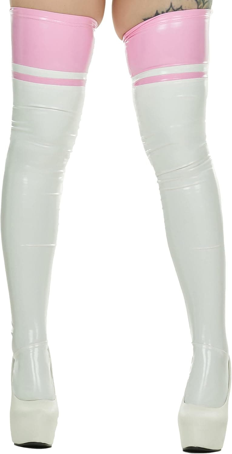 Thigh Stockings Shiny Color Matching PU Elastic Shaping Stretchy Thigh High Socks Over Knee Long Boot Sock One Size White