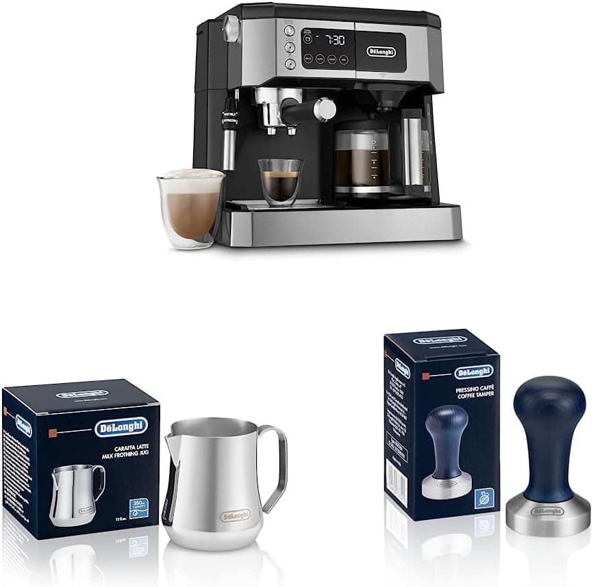 De'Longhi All-in-One Combination Coffee Maker & Espresso Machine & Stainless Steel Milk Frothing Pitcher, 12 ounce (350 ml), Barista Tool, 12 oz & DLSC058 Coffee Tamper Coffee Maker + Pitcher + Tamper