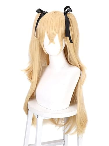 LeMarnia Gold Mixed with Yellow Straight Ponytail Synthetic Wig with Ribbon for Cosplay Fischl Wig Halloween Costume Party Wigs