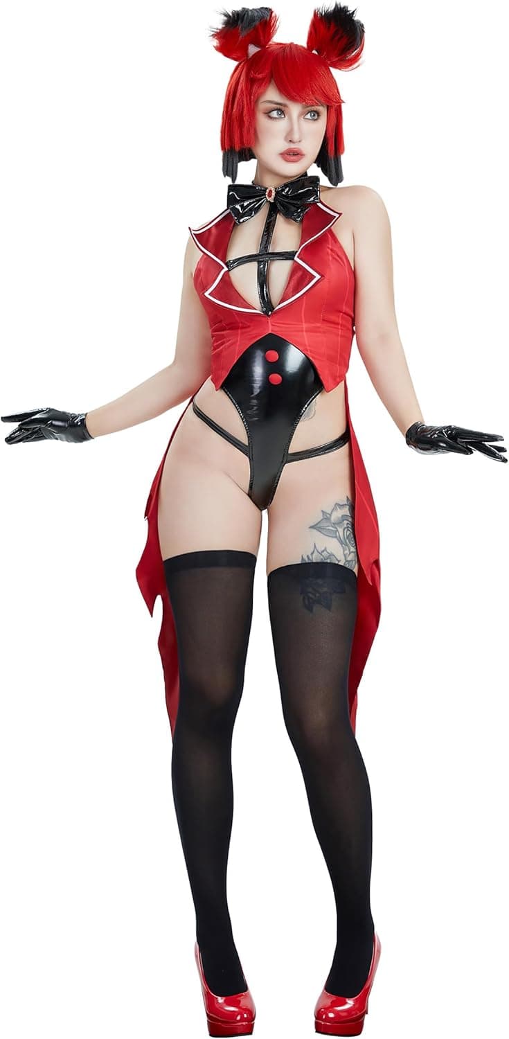 Women Halloween Demon Derivative Sexy Cosplay Set Black Red Hollow Bodysuit and Gloves Medium Red