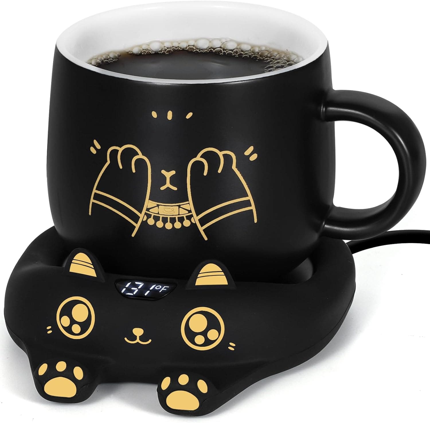 PUSEE Coffee Mug Warmer & Cute Cat Mug Set, Coffee Cup Warmer for Desk with Auto Shut Off, Beverage Warmer with 3 Temp Settings, Candle Warmer Coffee Warmer with Mug Set for Christmas & Birthday Gifts Ador Black Set