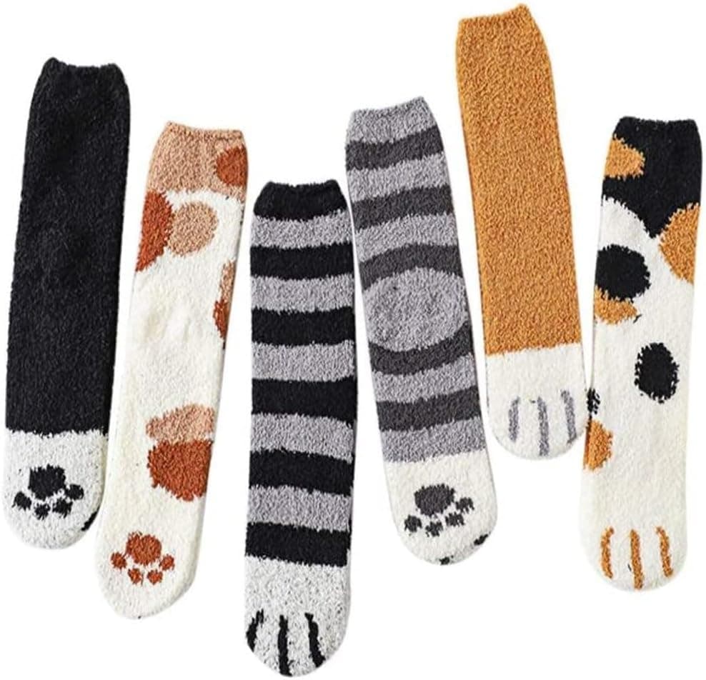 6 Pairs Womens Fuzzy Socks Winter Warm Soft Cozy Fluffy Microfiber House Sleeping Slipper Socks Christmas Gifts A1-cat Socks: Large A1-cat Socks