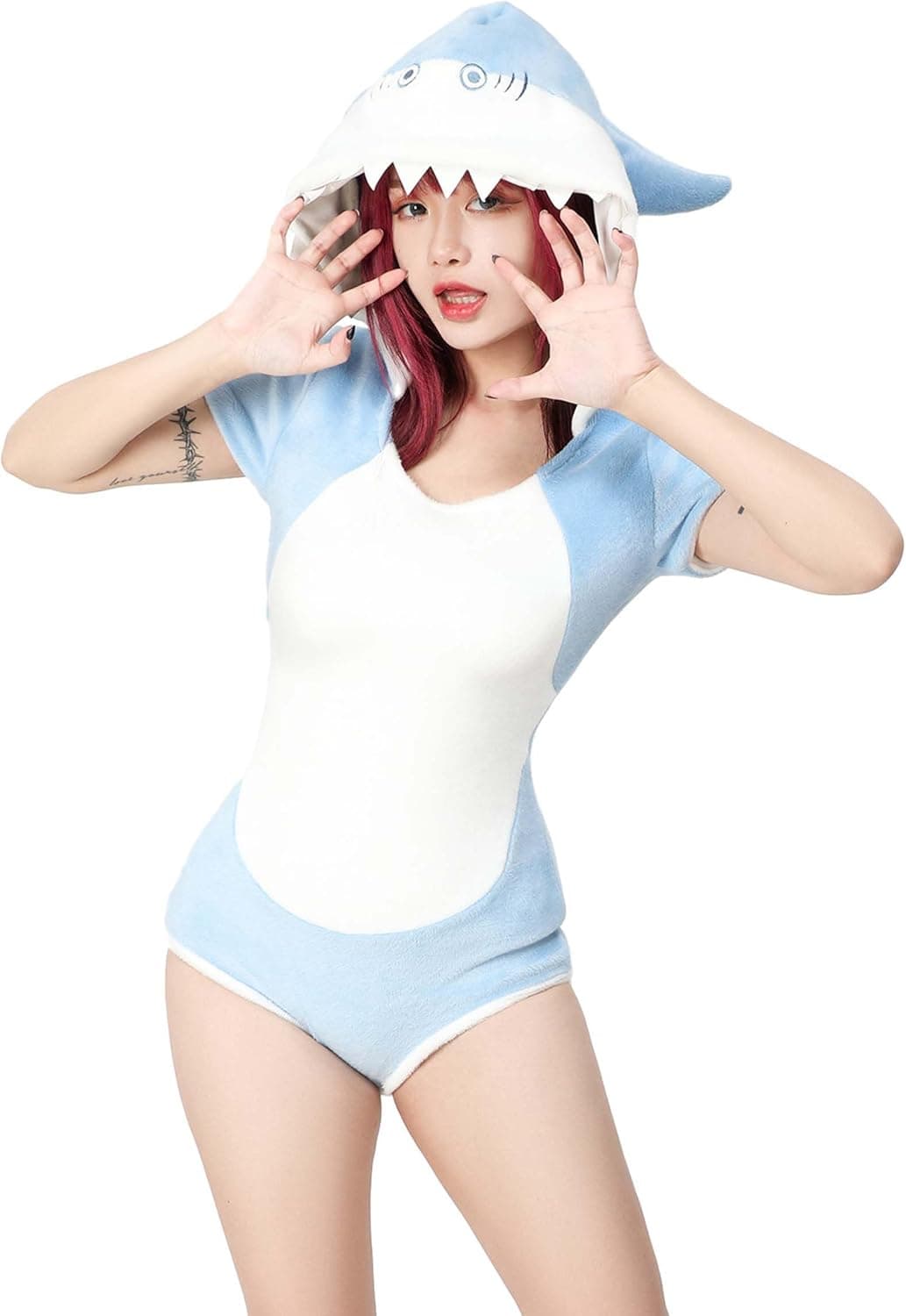 Women's Shark Romper Crotch Onesie Pajama Blue Sleepwear Loungewear Hooded Homewear X-Large Blue