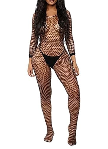 Walang Lip Women's Sexy Mesh BodyStocking Fishnet Lingerie Long Sleeve Bodysuits One Piece Jumpsuit Underwear Nightwear for Romantic Date Wearing (Black)