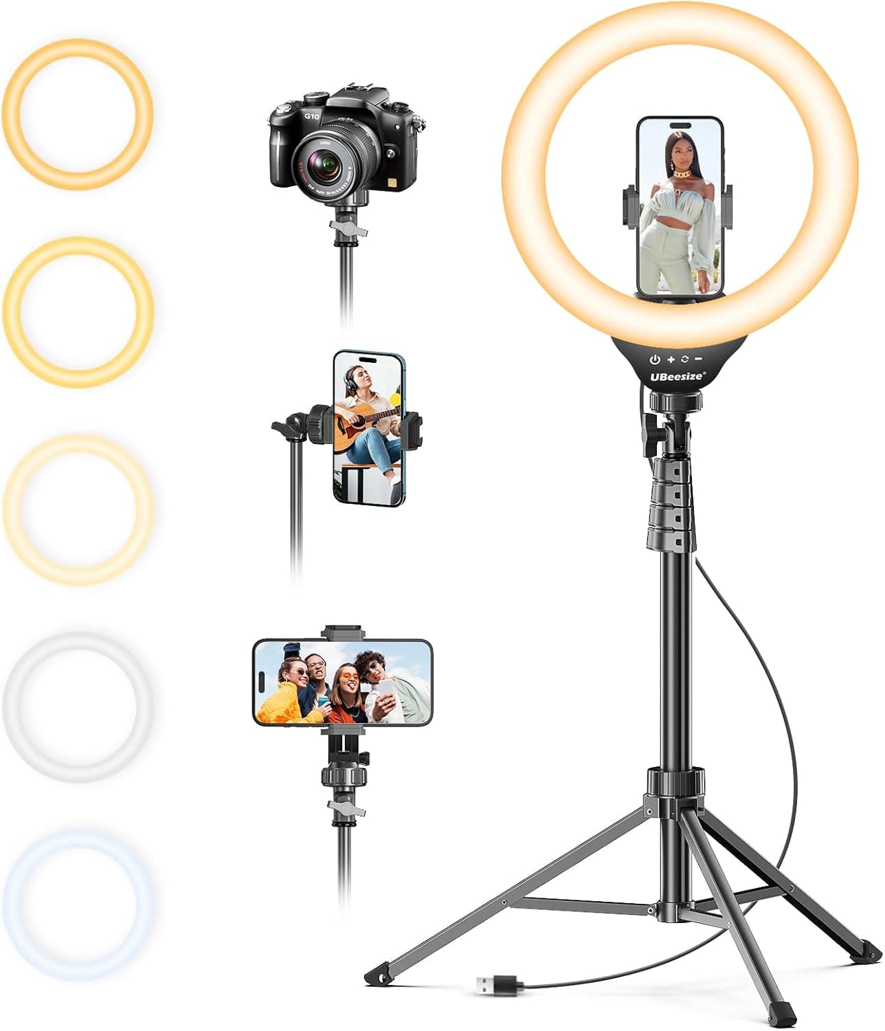 UBeesize 12'' Selfie Ring Light with 62’’ Tripod Stand for Video Recording, Live Streaming(YouTube, Instagram, TIK Tok), Compatible with Phones, Cameras and Webcams White,Warm,Daylight Black: White,Warm,Daylight Black