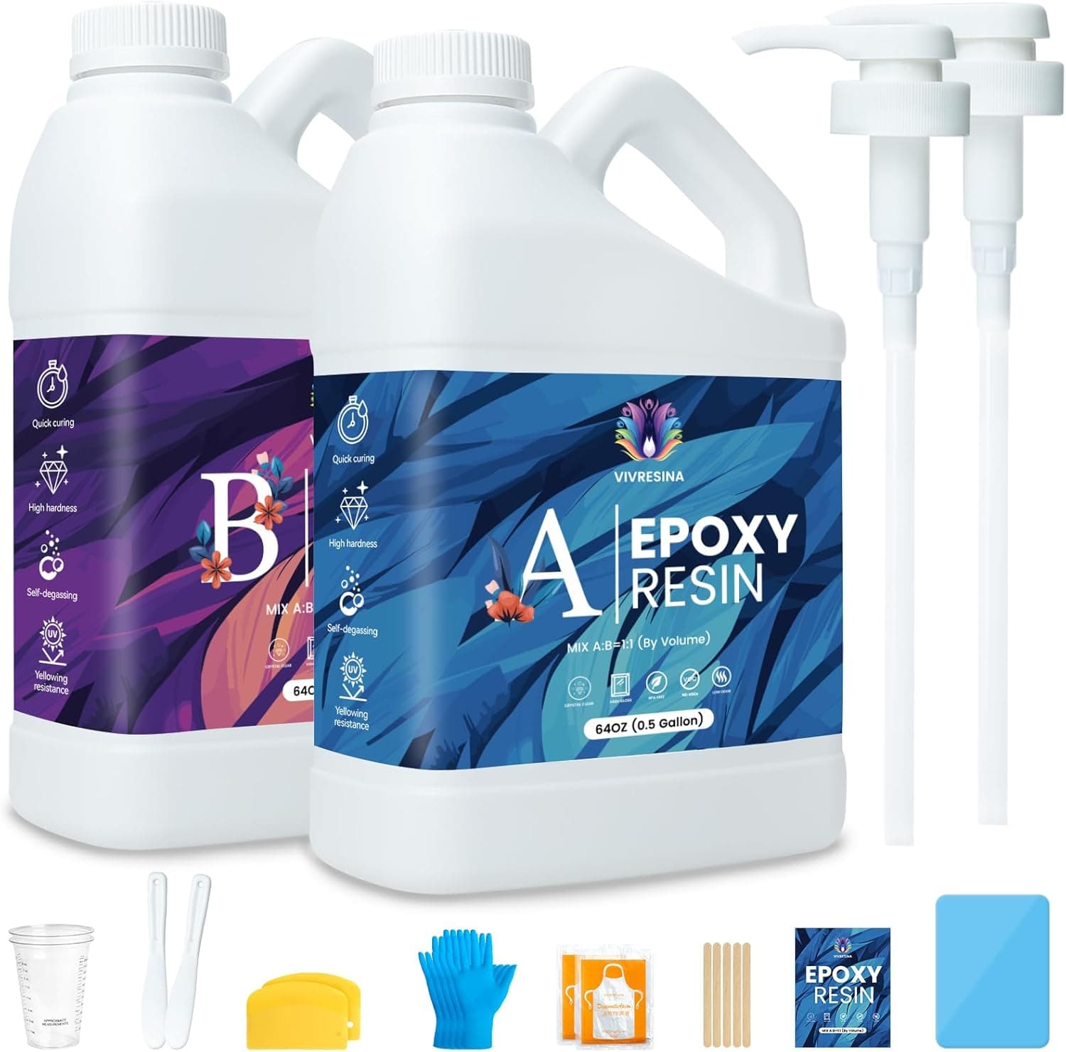 Epoxy Resin 1 Gallon Kit with Pump High Glossy Food Safe Crystal Clear Bubble Free No Yellowing Easy Mix 1:1 for Craft DIY Jewelry Art Casting