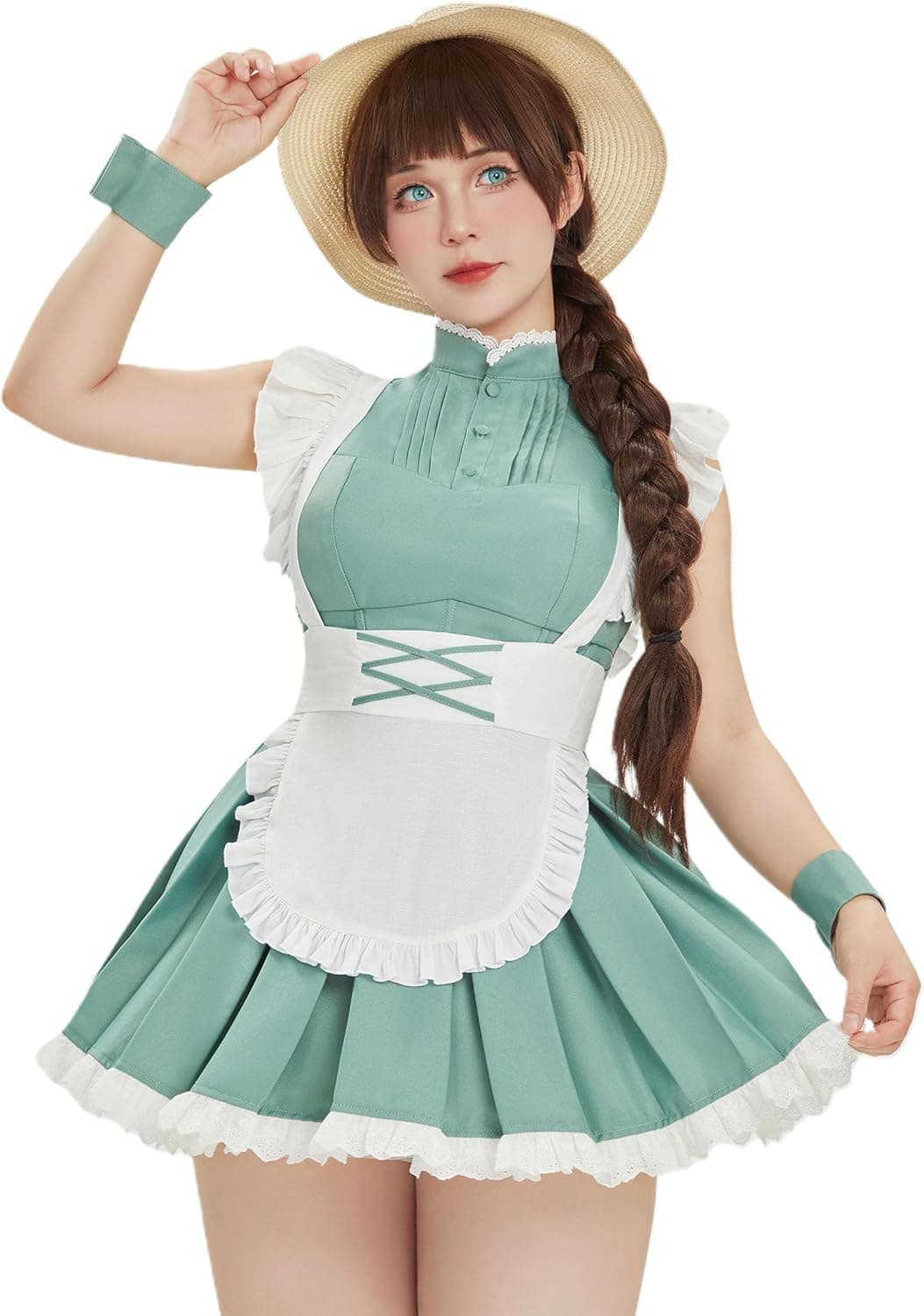 Women Maid Cosplay Costume Suit Short Dress and Apron with Headband Hat X-Large Green