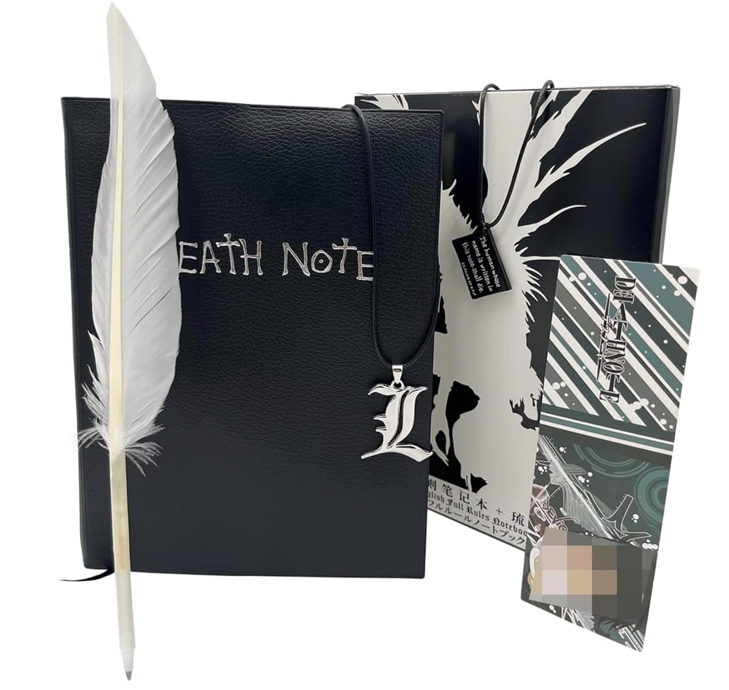 Buqalkje Deaths note Book4 PCS Set Notebook Anime Cosplay Japan Anime Theme Writing Journal, Feather Pen, L Necklace & Book Chain