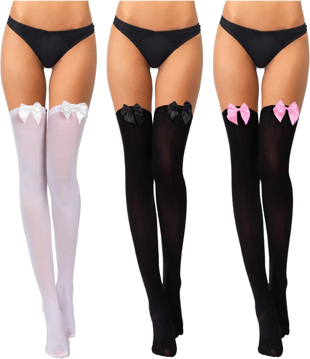 3 Pairs Thigh High Stockings Thigh High Socks with Bow for Women over Knee Lingerie Stockings for Daily Wear Cosplay Medium Black With Black Bow, Black With Pink Bow, White With White Bow: Medium Black With Black Bow, Black With Pink Bow, White With White Bow