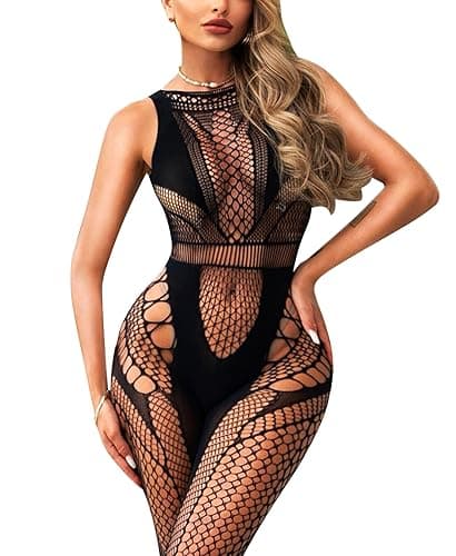 RSLOVE Sexy Lingerie Exotic Bodystocking - Fishnet Cut Out Lingerie Mesh Bodysuit One Piece Babydoll Rave Outfits