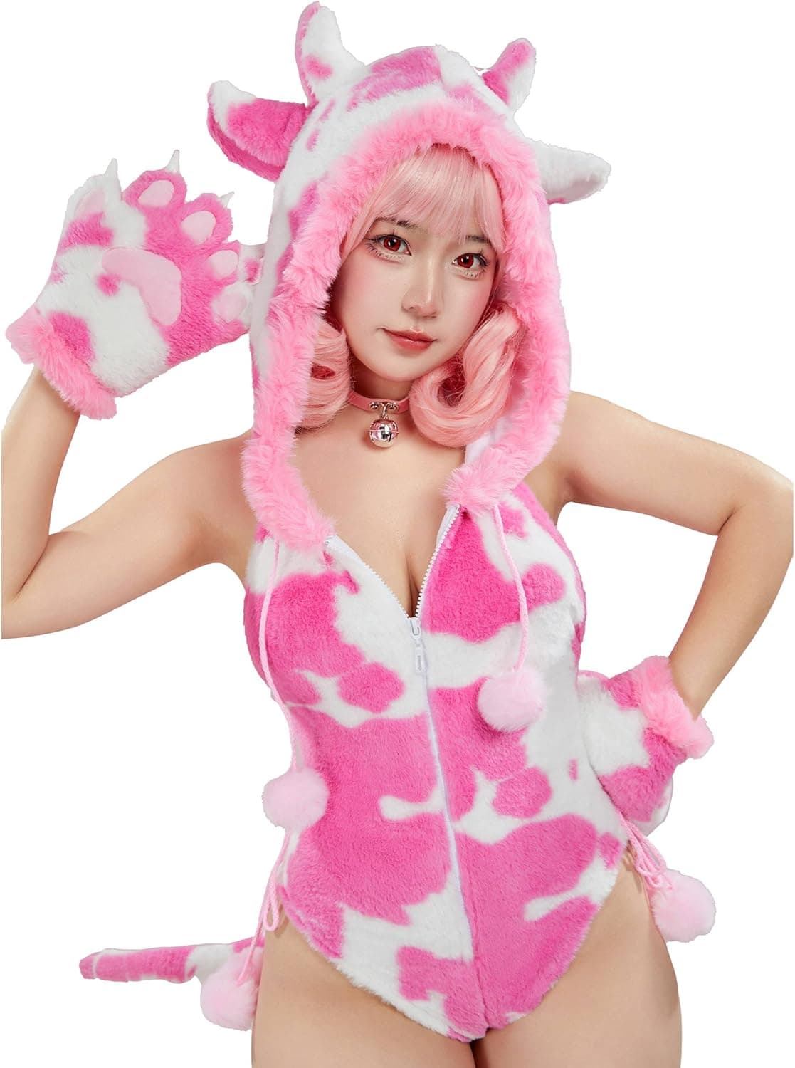 Women's Cow Print Romper Onesie Pajamas Plush Hooded Bodysuit Furry Homewear Jumpsuit Medium Pink