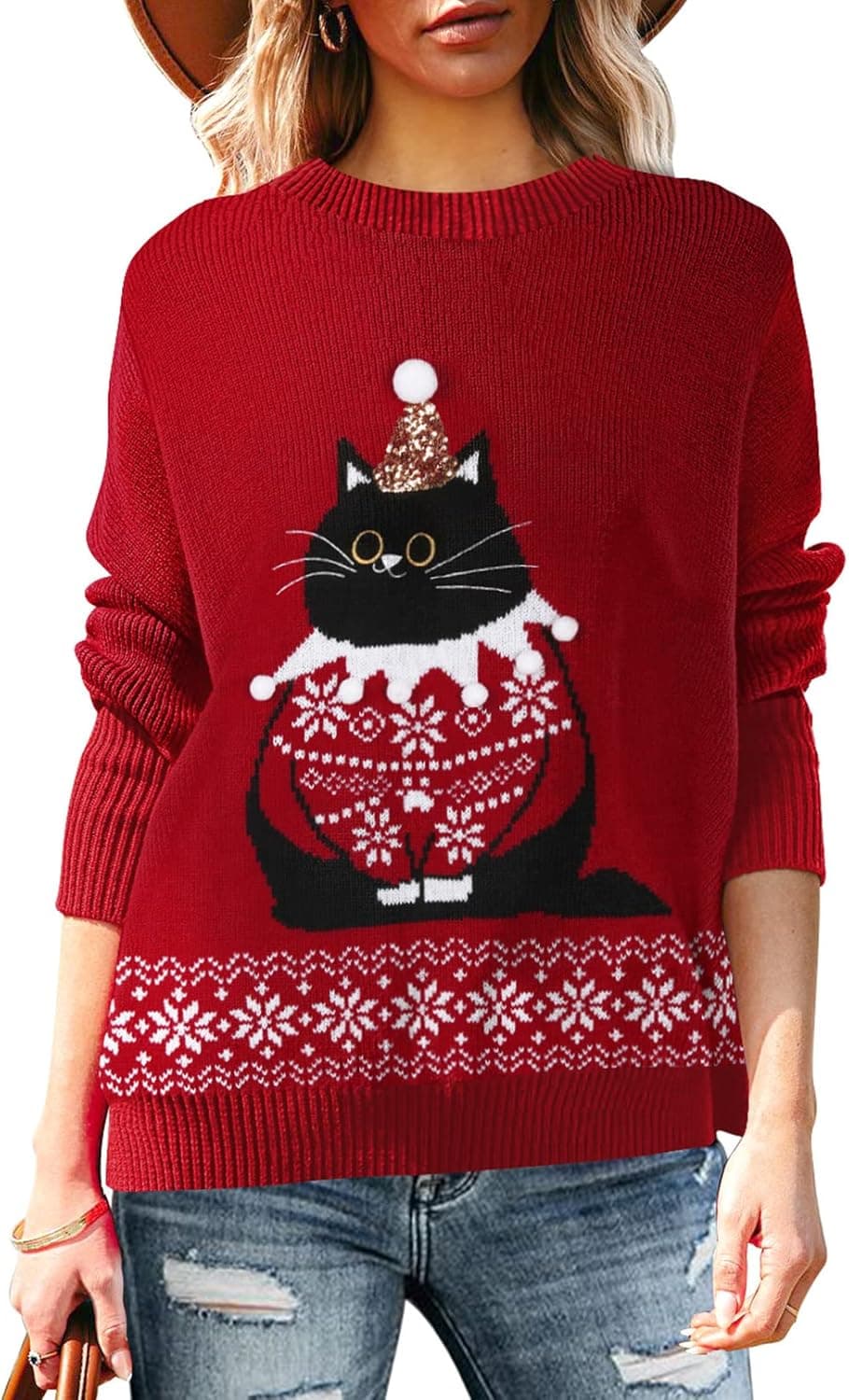 Pink Queen Women's Long Sleeve Knitted Pullover Ugly Christmas Sweater Jumpers Large Red - Xmas Cat