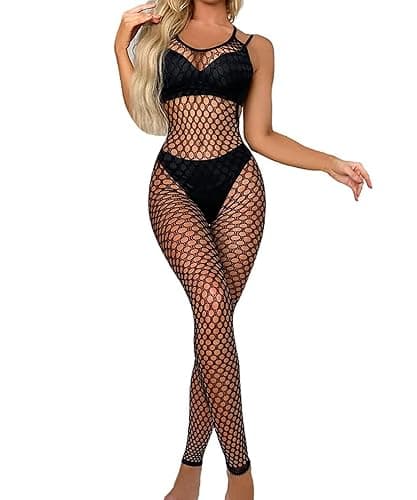 XIUSEMY Women Sexy Lingerie Full Body Bodysuits V Neck Mesh Fishnet Stockings Nightwear