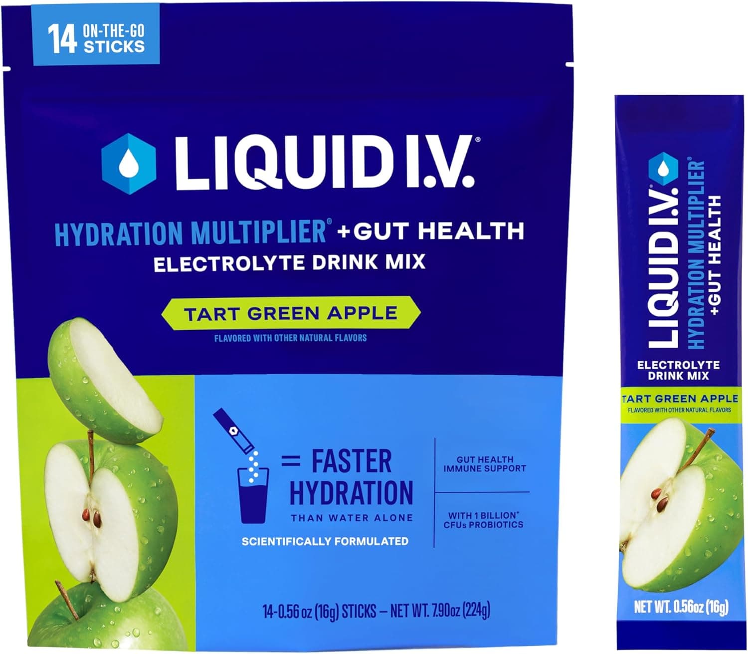 Liquid I.V.® Hydration Multiplier® +Gut Health - Tart Green Apple | Electrolyte Powder Drink Mix | 1 Pack (14 Servings) 14 Servings (Pack of 1)