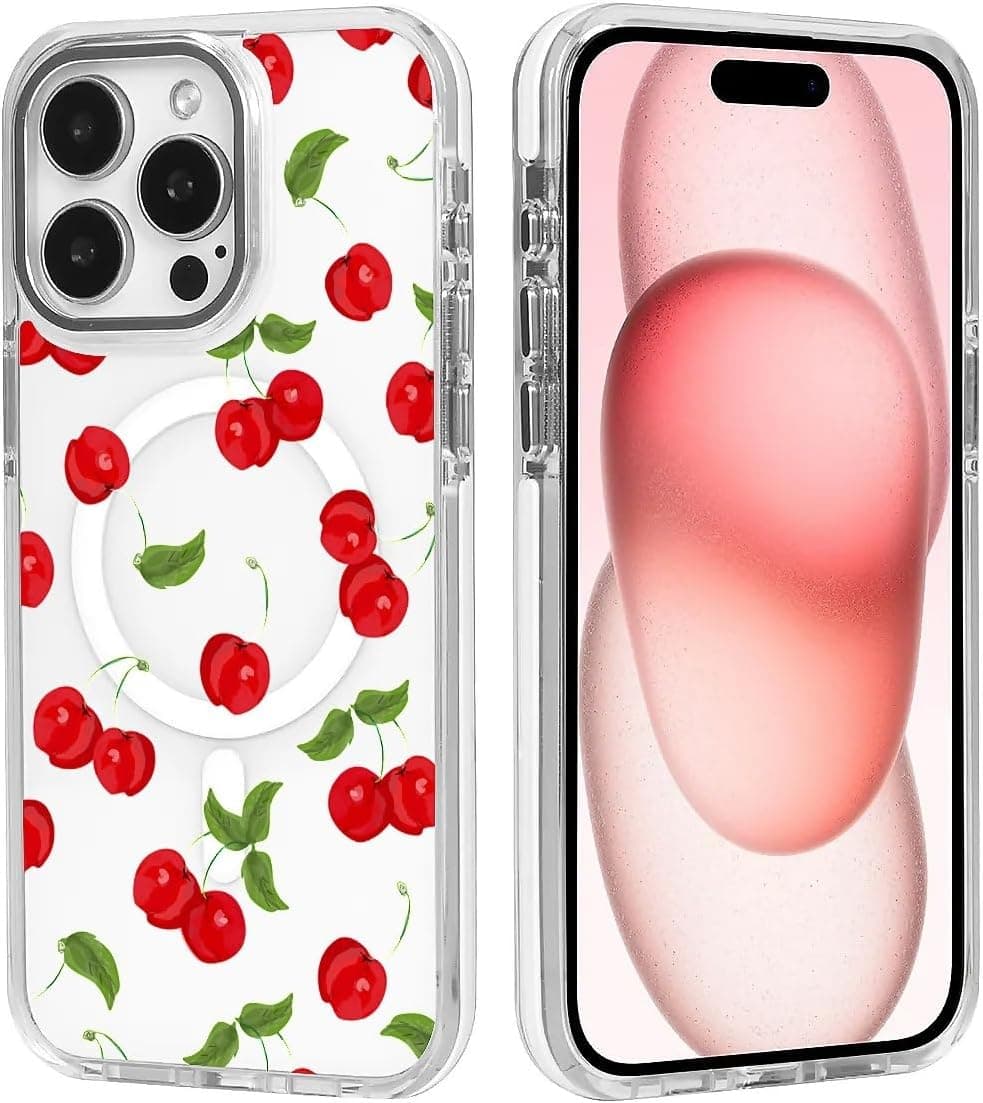 for iPhone 15 Clear Case, Campatible with Magsafe,Fresh Red Cherry Soft TPU Slim Magnetic for Women Girl Protective Case for iPhone 15-6.1 Inch (White) Fresh Red Cherry iPhone 15