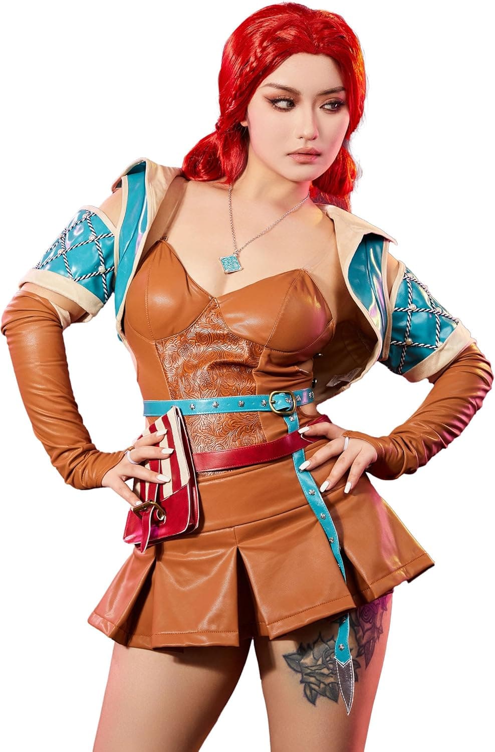 Womens Game Cosplay Costume Outfit Brown Pu Leather Bodysuit and Skirt Coat with Gloves Belt Bag Necklace Halloween Medium Brown