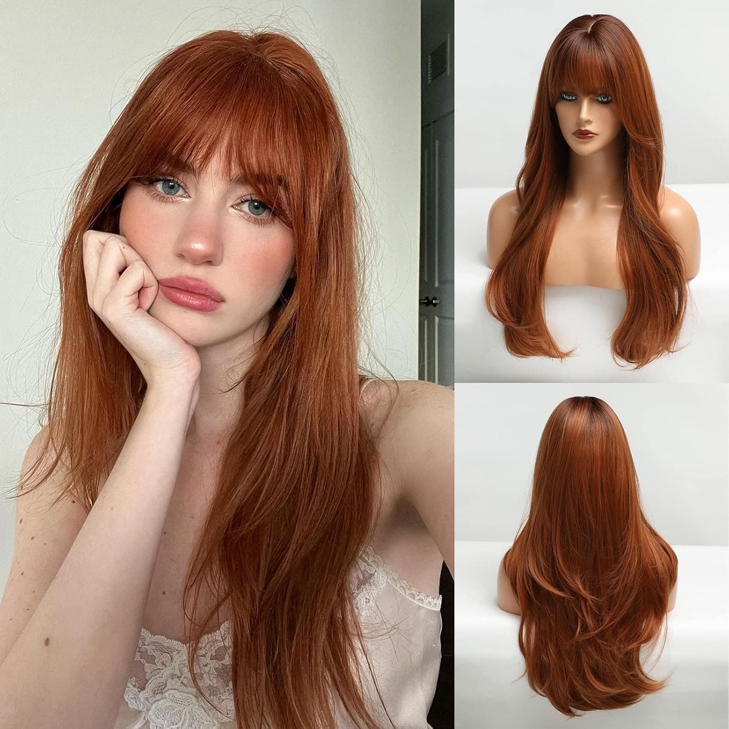 HAIRCUBE Long Auburn Wig with Bangs Layered Curly Orange Wigs for Women Natural Synthetic Wigs for Daily Use (pelucas de cabello natural): HAIRCUBE Long Auburn Wig with Bangs Layered Curly Orange Wigs for Women Natural Synthetic Wigs for Daily Use (pelucas de cabello natural)