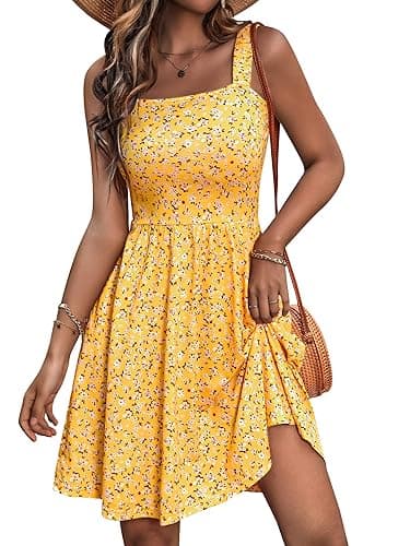 HUHOT Women's Summer Casual Square Neck Dress with Pocket Cute Sleeveless High Waist A-line Sundress Midi Dresses