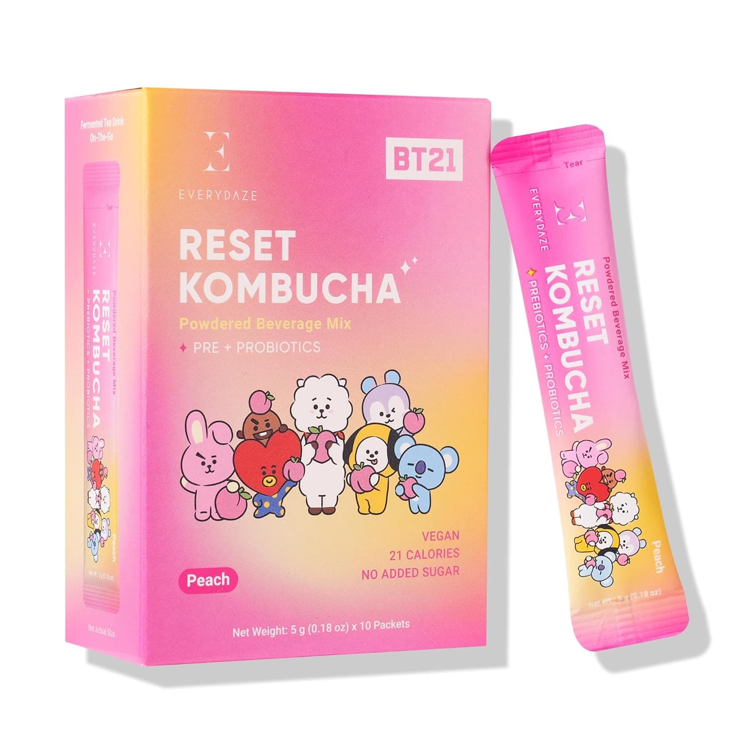 Everydaze BT21 Reset Kombucha Tea Powdered Beverage Mix | 10 Sticks | Prebiotics + Probiotics | Vegan | No Added Sugar, Gluten Free, Sparkling Powder Drink Pack (Peach)