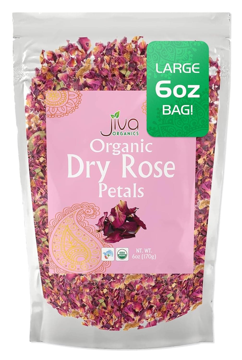 Jiva USDA Organic Dried Red Rose Petals 6 Oz (170g) Large Bag - Food Grade, Edible Flowers - Use in Tea, Baking, Making Rose Water, Crafting, Wedding Confetti