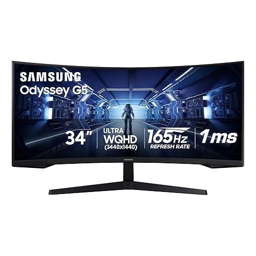 Samsung 34' Odyssey G5 Ultra-Wide Gaming Monitor with 1000R Curved Screen, 165Hz, 1ms, FreeSync Premium, Large Display, Eye Comfort, Multiple Ports, WQHD, LC34G55TWWNXZA, 2020, Black