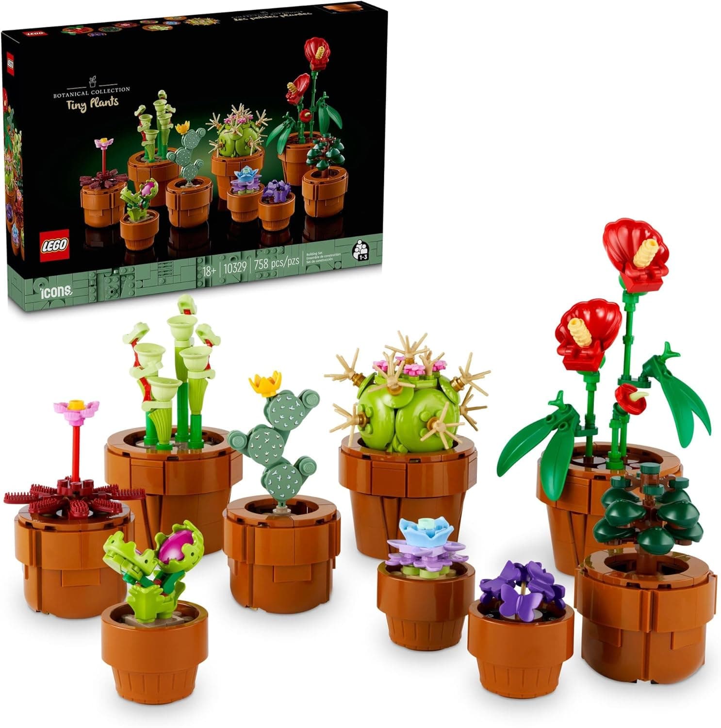 LEGO Botanicals Tiny Plants - Artificial, Fake Indoor Plant Building Set for Home, Kitchen, Desk Decoration, Adults Ages 18+ - Gift for Valentines Day for Her and Him - 10329 Green Brown Red Purple