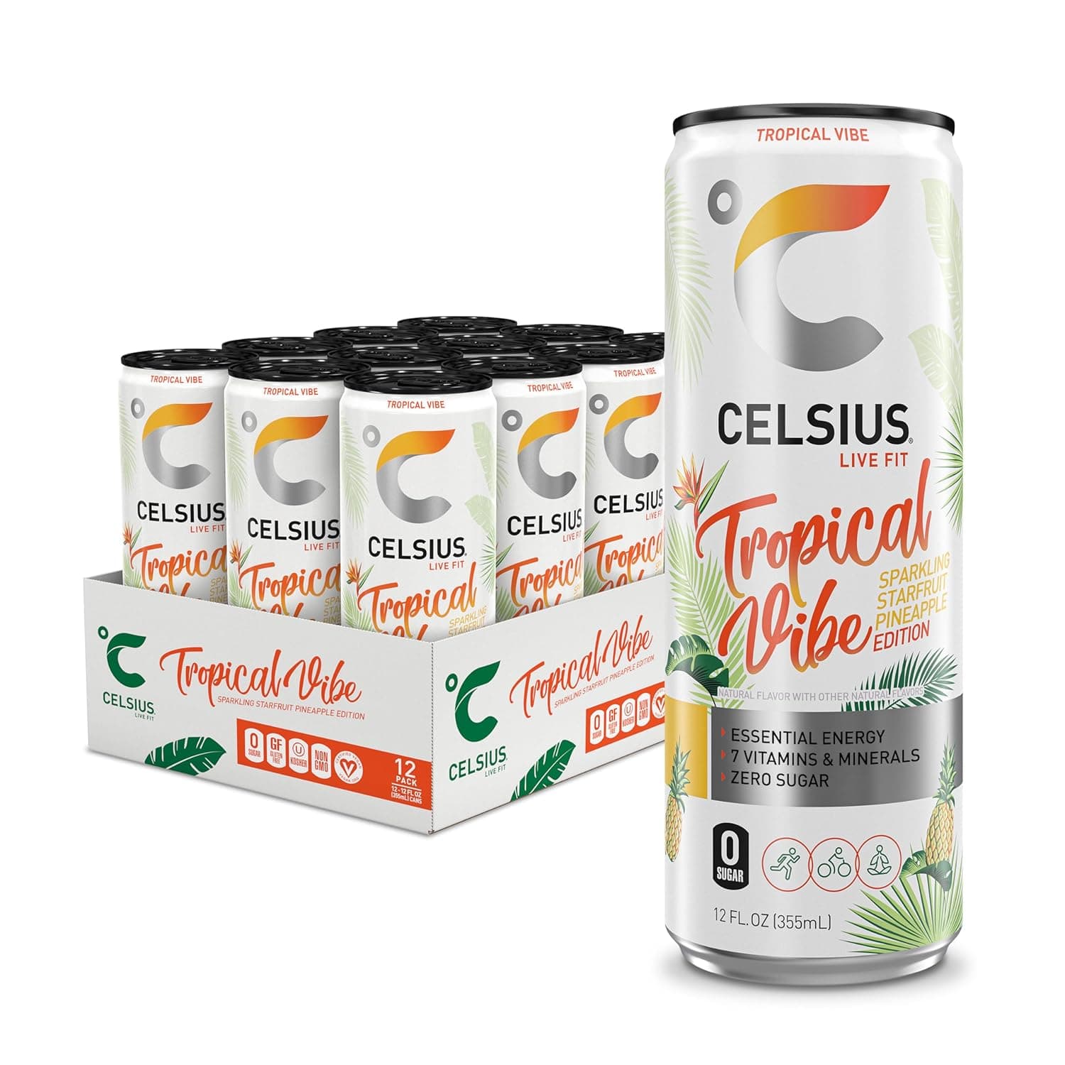 CELSIUS Sparkling Tropical Vibe, Functional Essential Energy Drink 12 Fl Oz (Pack of 12) Sparkling Tropical Vibe 12 Fl Oz (Pack of 12)