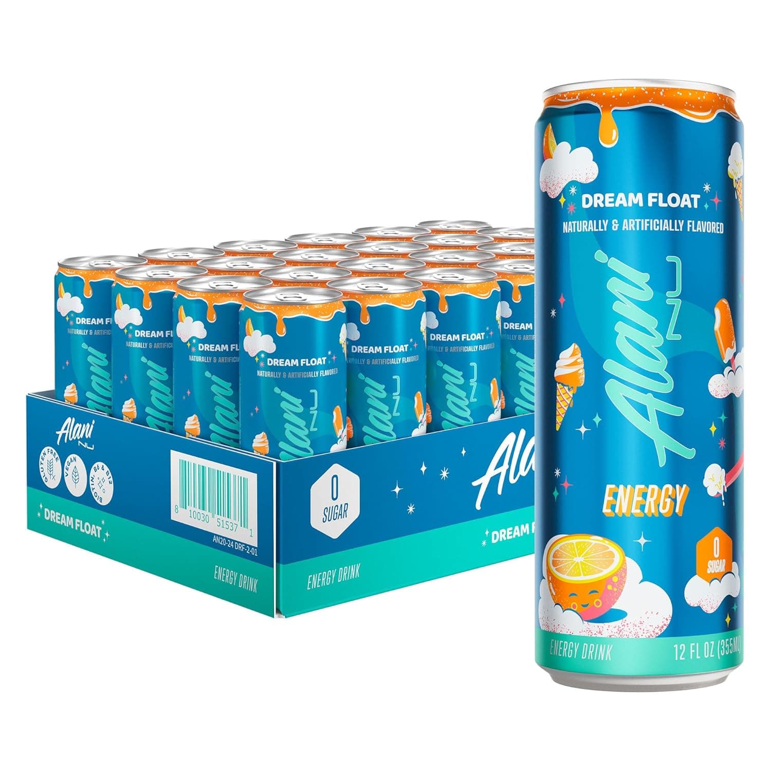 Alani Nu Dream Float Sugar Free, Low Calorie Energy Drinks | 200mg Caffeine | Pre Workout Performance with Antioxidants | Biotin B Vitamins | Zero Sugar | 15 Calories or Less | 12 Fl Oz Cans (24 Pack) Dream Float 12 Fl Oz (Pack of 24)