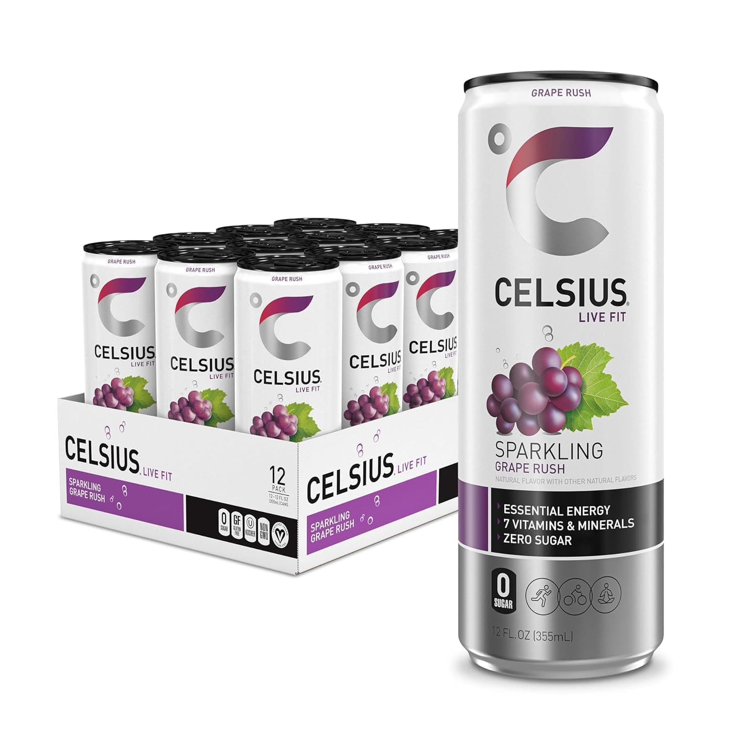 CELSIUS Sparkling Grape Rush, Functional Essential Energy Drink 12 Fl Oz (Pack of 12) Sparkling Grape Rush 12 Fl Oz (Pack of 12)