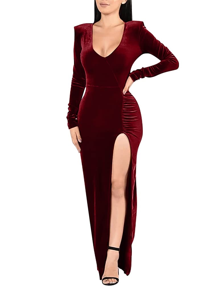 ZileZile Women's Sexy Bodycon Long Sleeve Deep V Neck High Slit Cocktail Party Maxi Dresses: ZileZile Women's Sexy Bodycon Long Sleeve Deep V Neck High Slit Cocktail Party Maxi Dresses