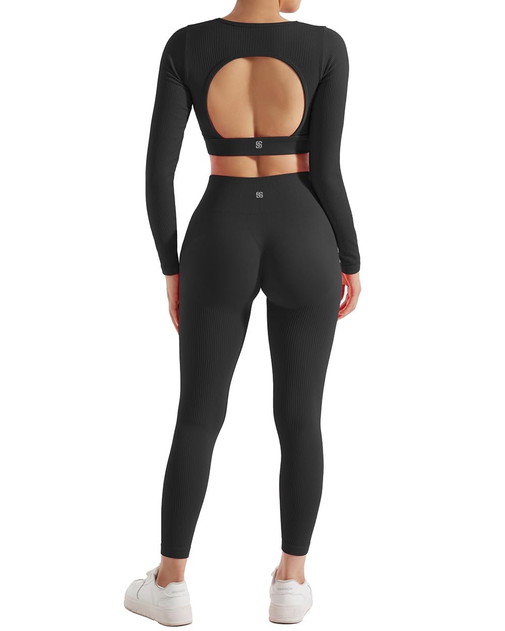 SUUKSESS Open Back Long Sleeve Scrunch Butt Booty Leggings Seamless Ribbed Workout Sets 2 Piece Outfits - Image 2