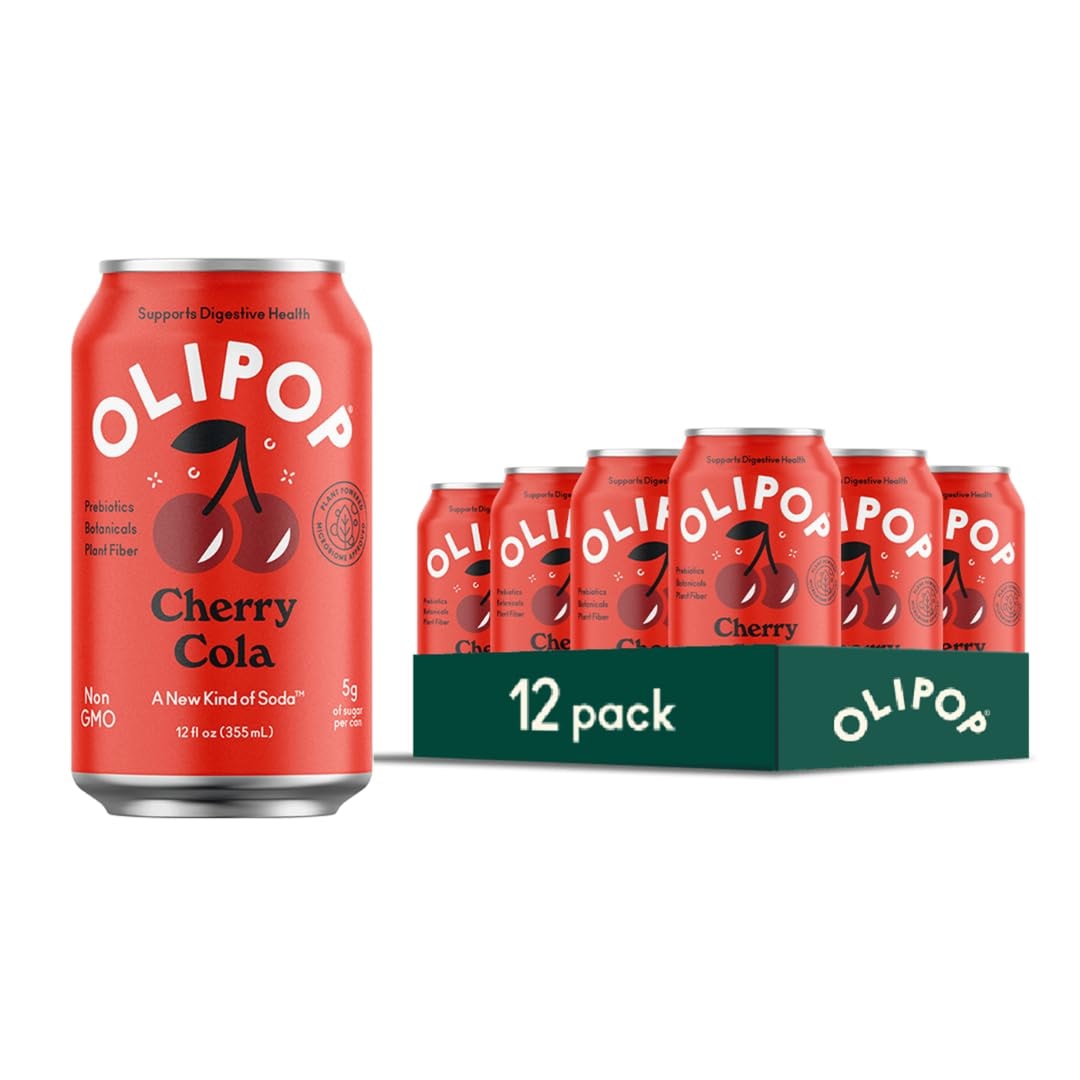 OLIPOP Prebiotic Soda Pop, Cherry Cola, A New Kind of Soda Packed with Prebiotics, Fiber, and Botanicals, Gluten Free, Vegan, GMO Free, 12oz (12-Cans) - Image 1