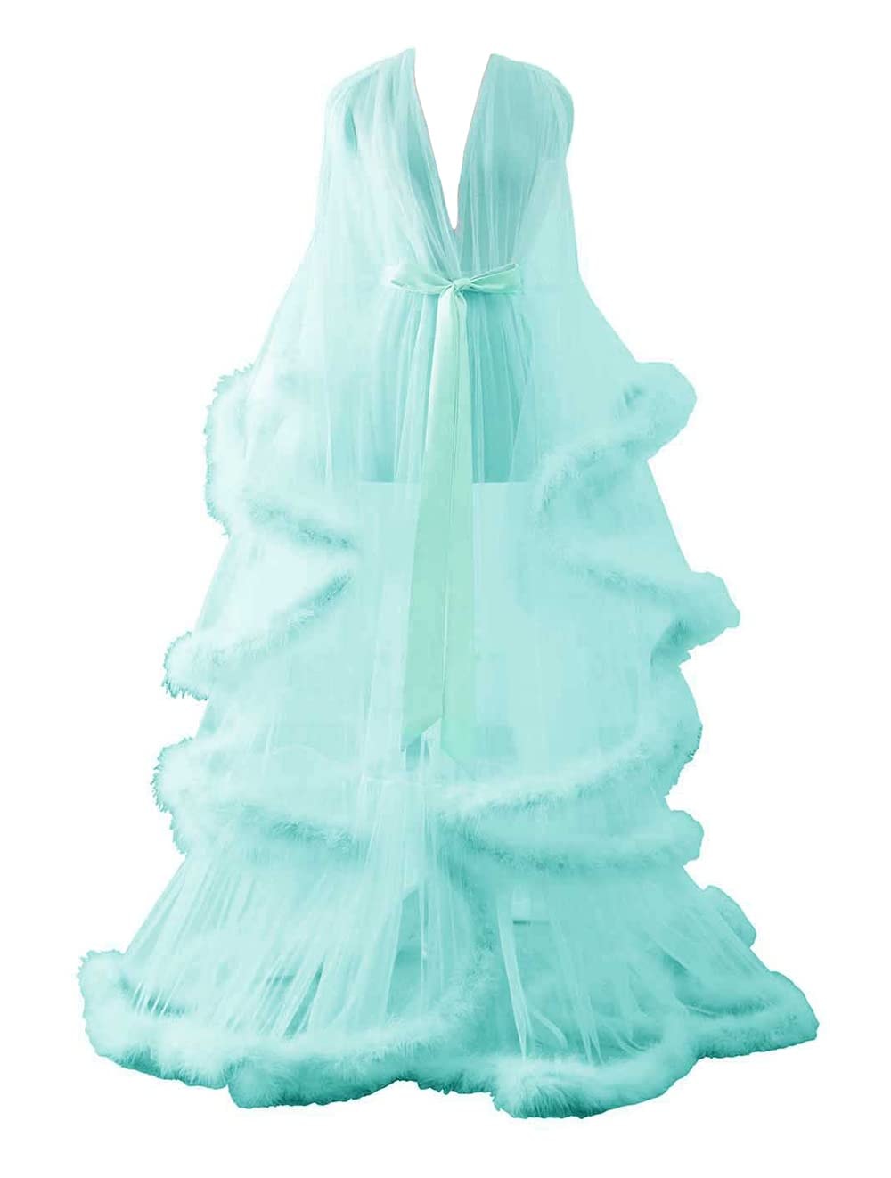 Changuan Sexy Feather Robe Long Fur Tulle Robe Sheer Lingerie Maternity Photoshoot Dress Sleepwear Nightgown Bathrobe: Small-Medium Turquoise