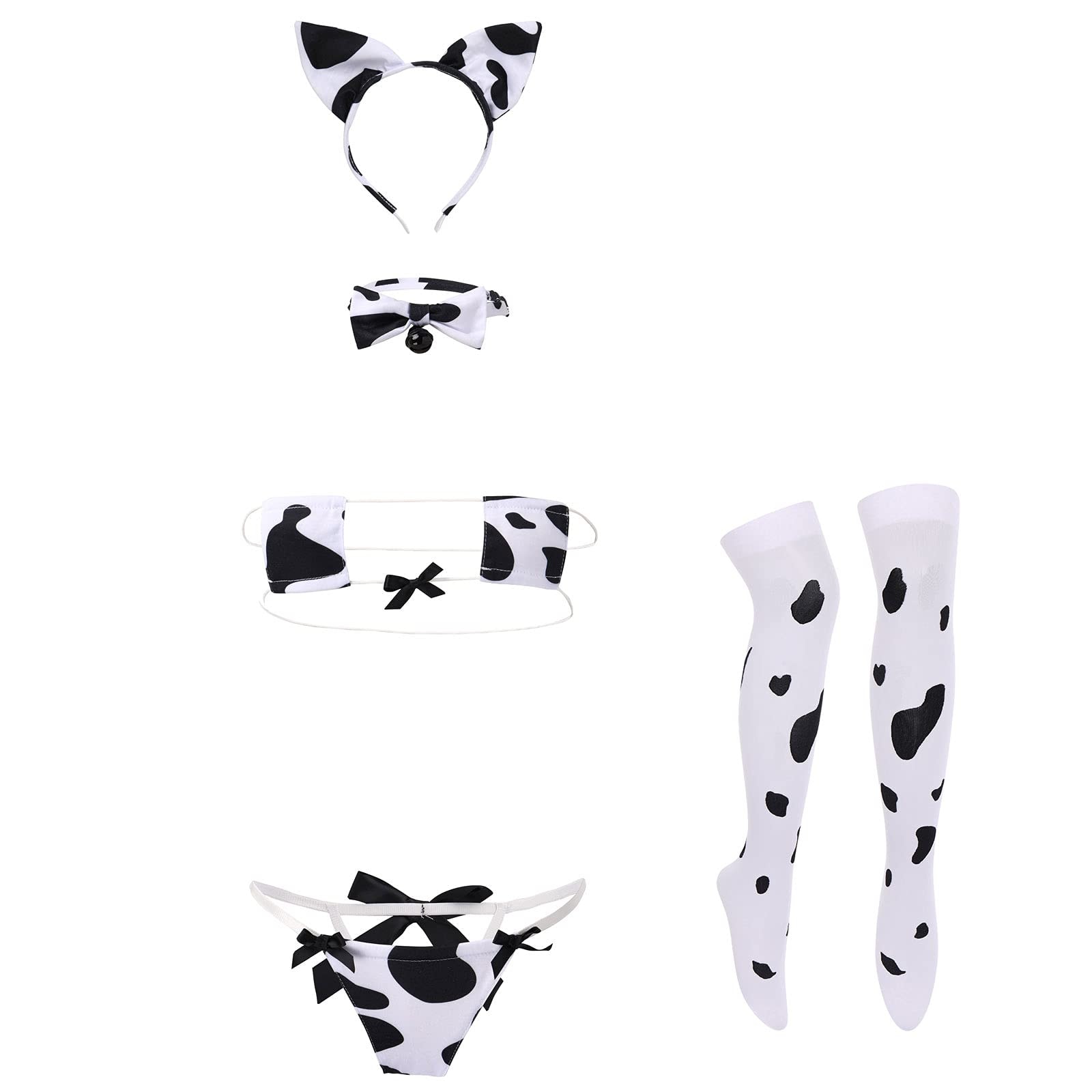 FYMNSI Women Sexy Milk Cow Lingerie Set Anime Maid Cosplay Costume Mini Bikini Bra Bodysuit with Bell Choker Stockings Outfit: One Size White Cow Micro Bikini