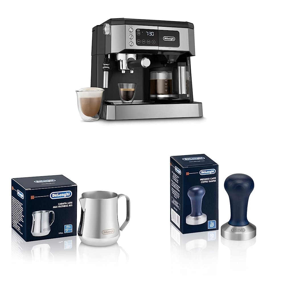 De'Longhi All-in-One Combination Coffee Maker & Espresso Machine & Stainless Steel Milk Frothing Pitcher, 12 ounce (350 ml), Barista Tool, 12 oz & DLSC058 Coffee Tamper: Coffee Maker + Pitcher + Tamper