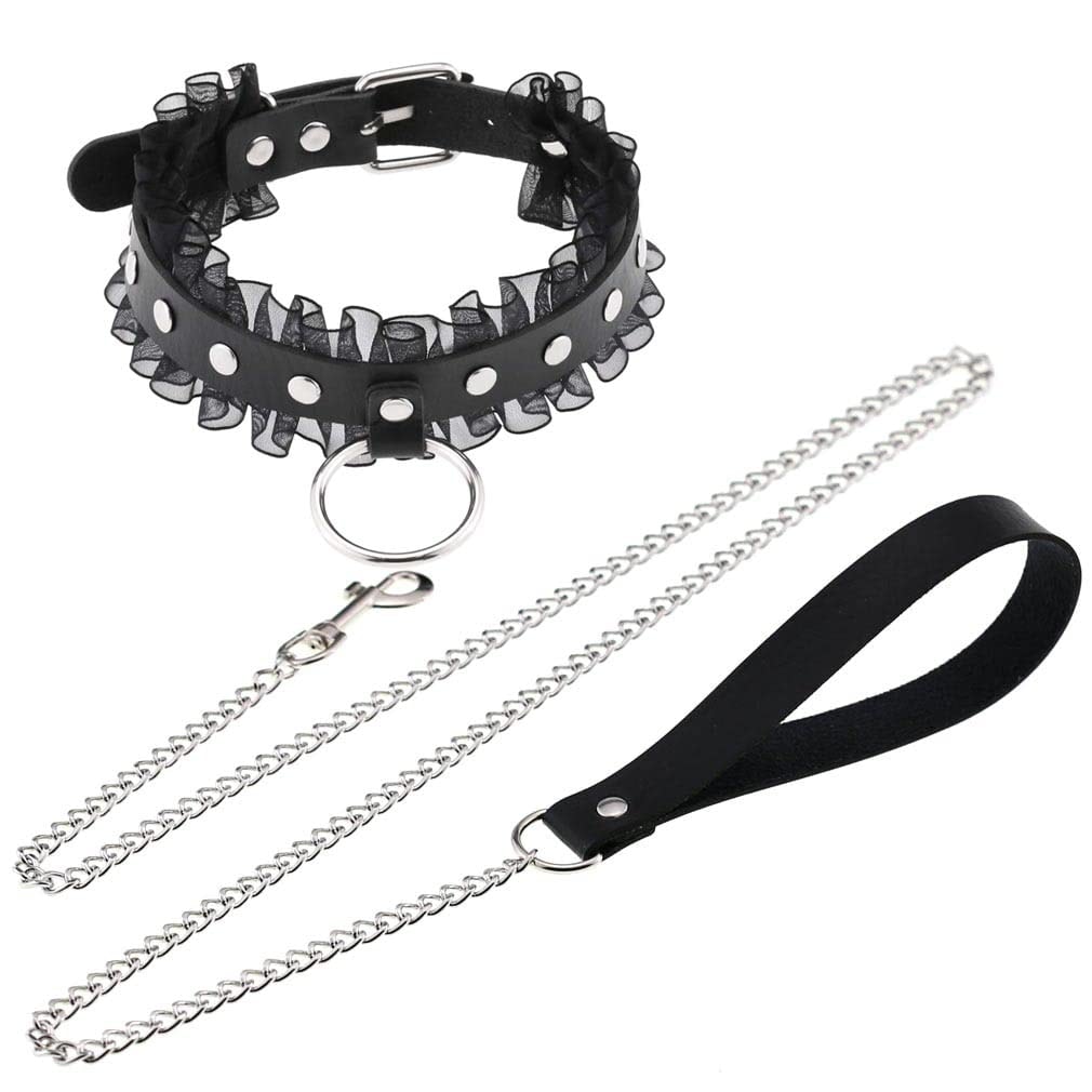 FM FM42 Multicolor PU Simulated Leather Silvert-Tone Rivets O Ring Lace Collar Choker Necklace with Detachable Chain Leash: Black