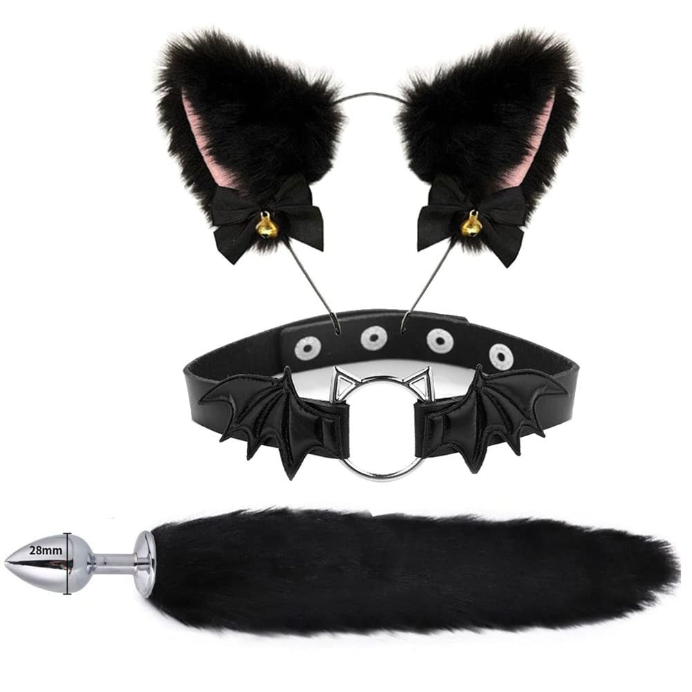 Animal Cosplay Costume Furry Fox Tail Plug Cute Ears Headband Bat Style Neck Collar Set: Black C