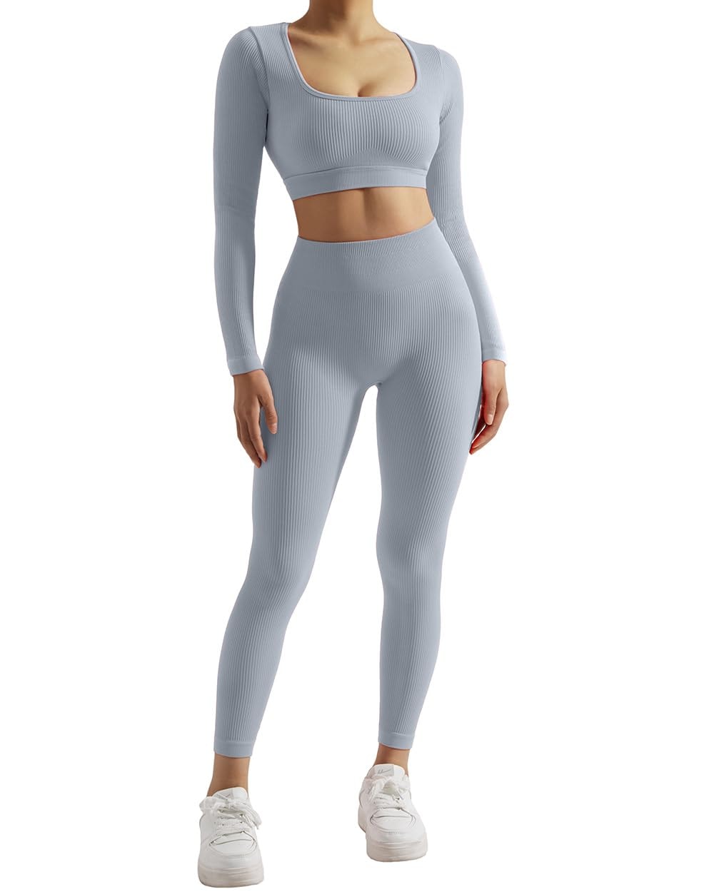 SUUKSESS Open Back Long Sleeve Scrunch Butt Booty Leggings Seamless Ribbed Workout Sets 2 Piece Outfits - Image 3