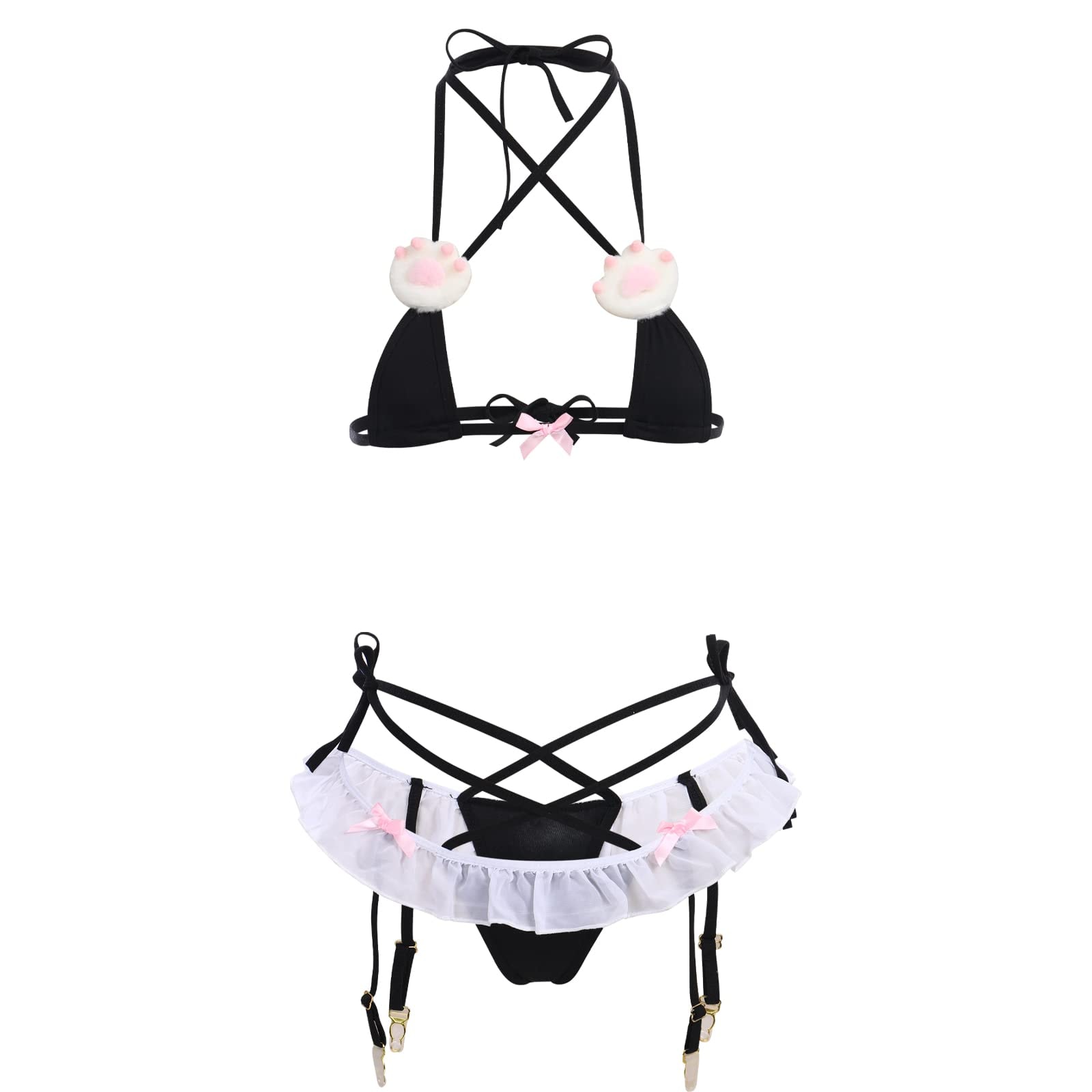 Womens Cute Kawaii Anime Cat Kitten Lingerie Set Micro Bikini Strappy Tiny Bra Mini Panty Extreme Swimsuit: One Size Black-01