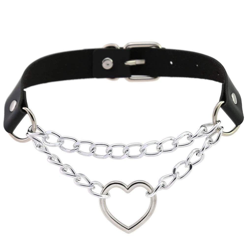 Leather Choker Collar Necklace, Heart Shape Gothic Punk Rock Choker Necklace Collars: Heart Chain