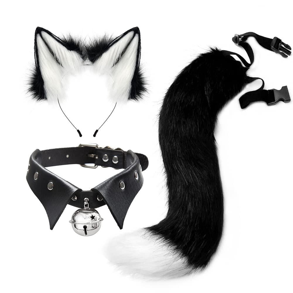 JUNBOON Faux Fur Cat Ears and Wolf Fox Tail Set Adult Kids Claw Glove Kit for Halloween Anime Cosplay Party: 1-whiteblack