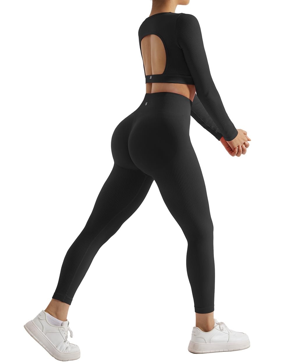 SUUKSESS Open Back Long Sleeve Scrunch Butt Booty Leggings Seamless Ribbed Workout Sets 2 Piece Outfits - Image 5