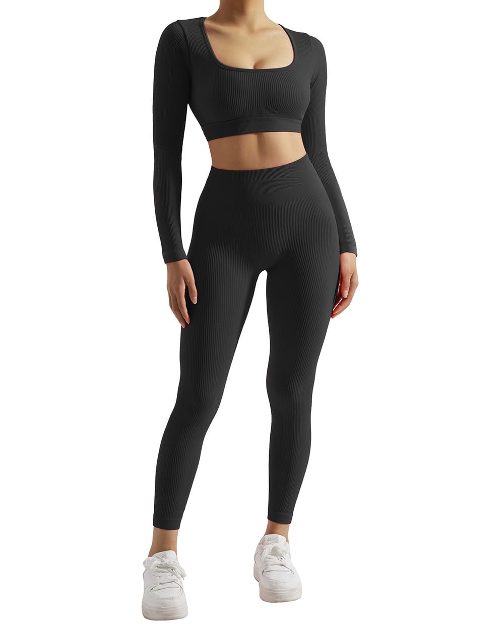 SUUKSESS Open Back Long Sleeve Scrunch Butt Booty Leggings Seamless Ribbed Workout Sets 2 Piece Outfits - Image 3