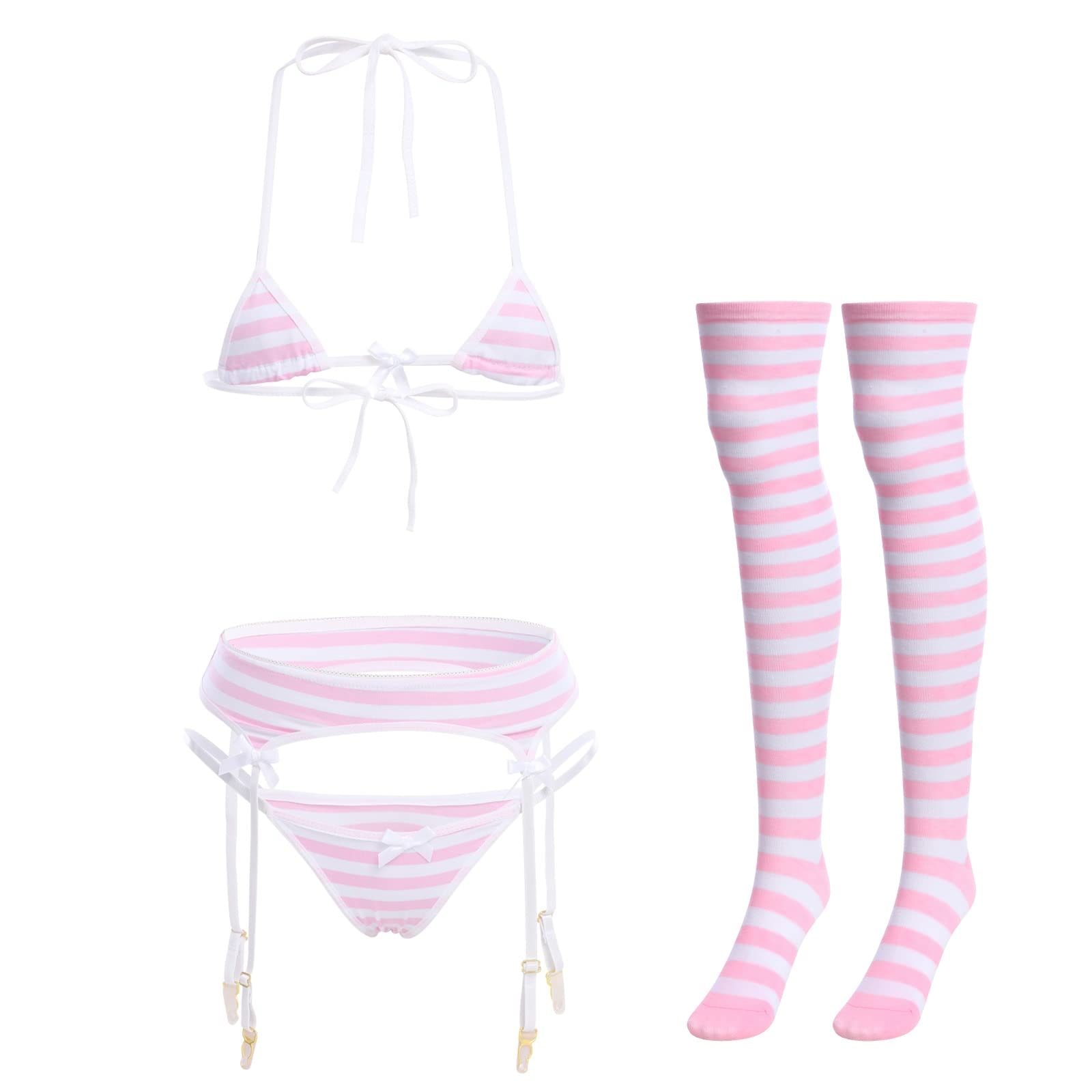 ABAFIP Women Cute Kawaii Anime Lingerie set Halter Strap Micro Bra Tiny Panty Garter Belt Striped Stockings 4Pcs Underwear: One Size Pink