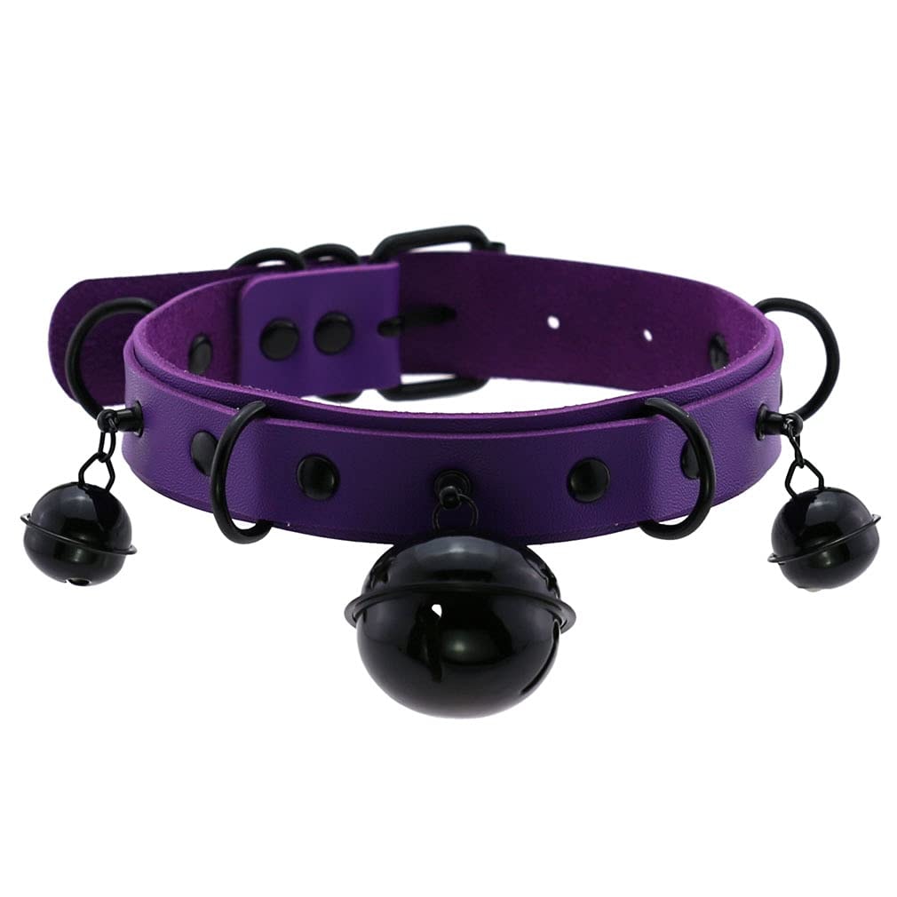 FM FM42 Multicolor PU Simulated Leather Black-tone Silver-tone 4cm Large Bell Rivets Neckband Choker Necklace: Black-tone Bell & Purple