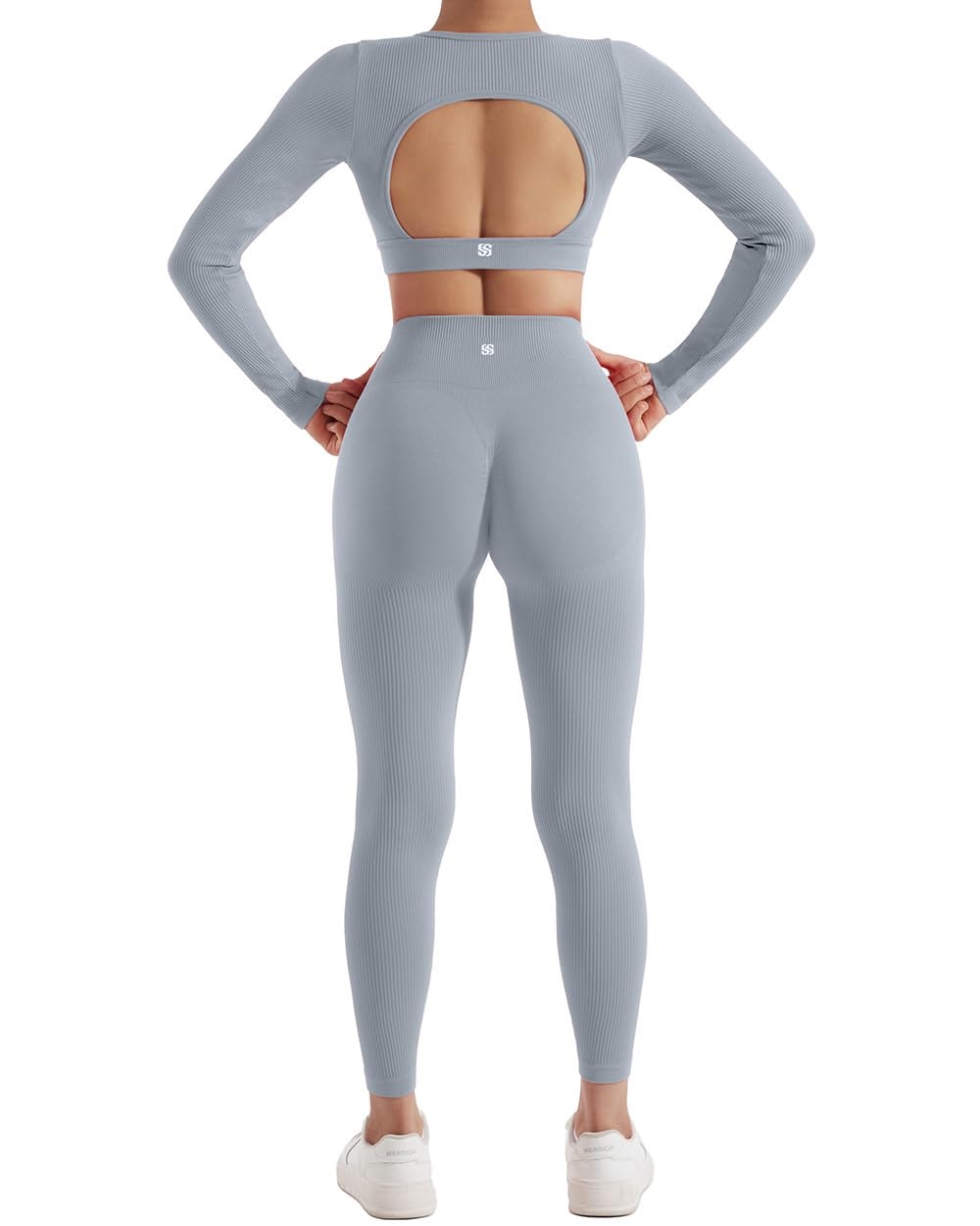 SUUKSESS Open Back Long Sleeve Scrunch Butt Booty Leggings Seamless Ribbed Workout Sets 2 Piece Outfits - Image 4