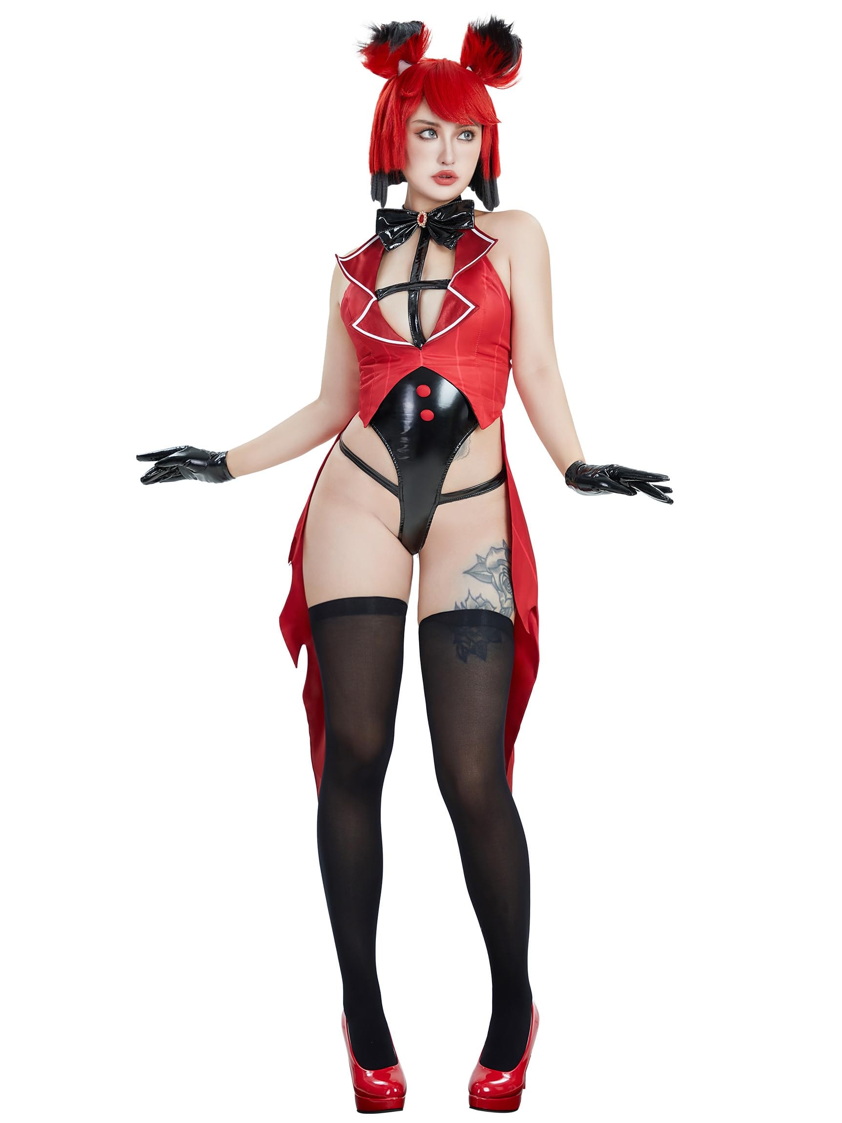 Women Halloween Demon Derivative Sexy Cosplay Set Black Red Hollow Bodysuit and Gloves: Small Red