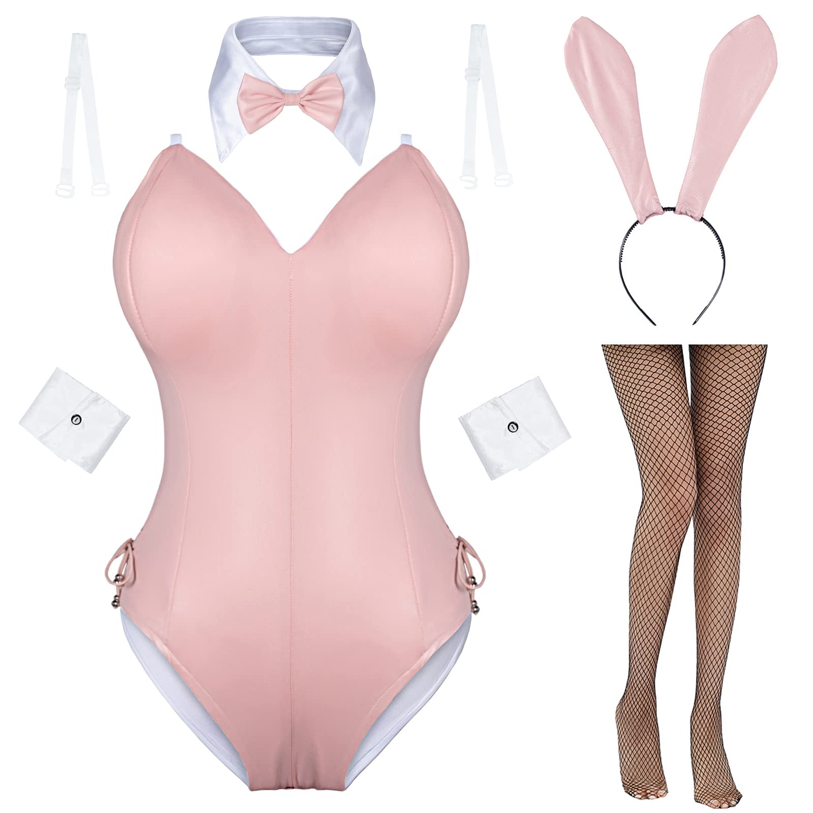 Womens Bunny Costume Girl Suit Senpai Cosplay Anime Role Costume One Piece Bodysuit Stockings Set: Small Pink-removable Padded