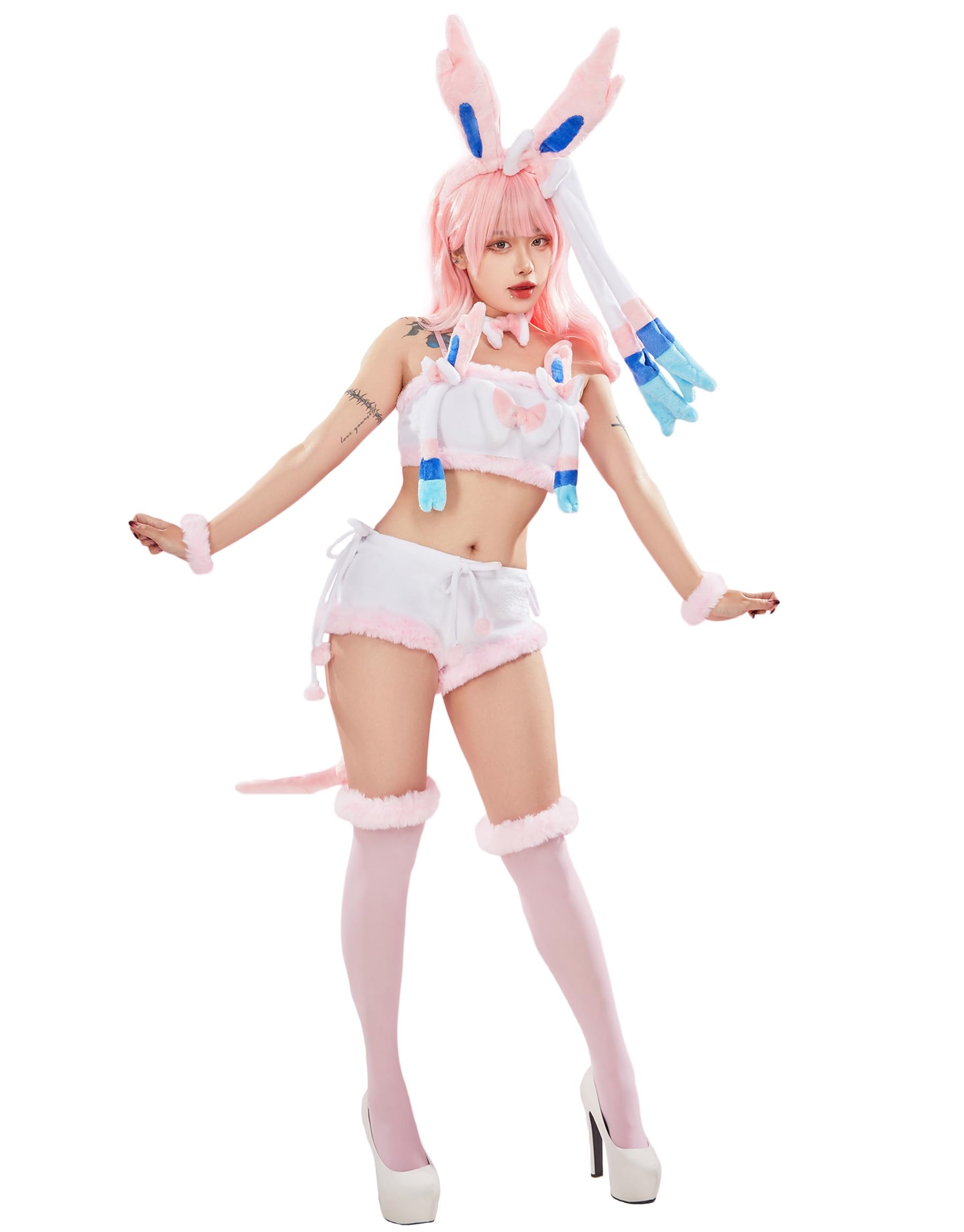 Women Cute Pajamas Set Pink Furry Tube Top and Shorts Anime Cosplay Homewear Sleepwear: Small Pink